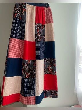 VINTAGE 1970's WOMENS MAXI LONG Boho PATCHWORK A-Line Skirt Red White Blue XS/S